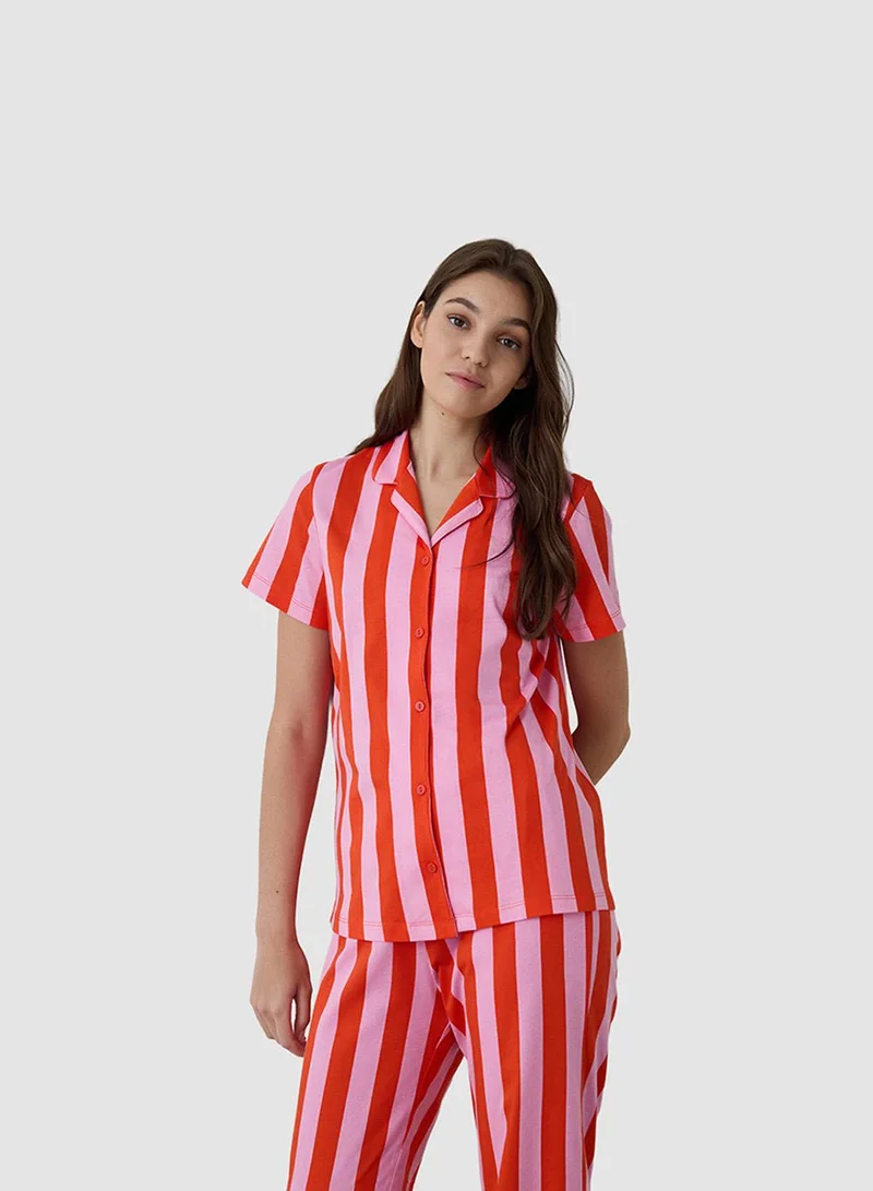 بنتي Mercan Chill Days Striped Shirt Collar Short Sleeve Pajama Set